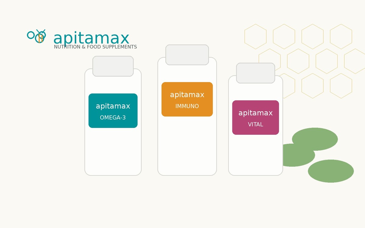 Apitamax supplement brand visual with Mediterranean and bee-inspired cues
